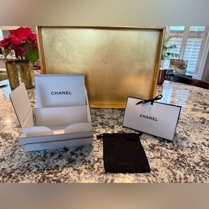CHANEL empty Gift Container,White Shredded Paper, Black drawstring pouch NEW